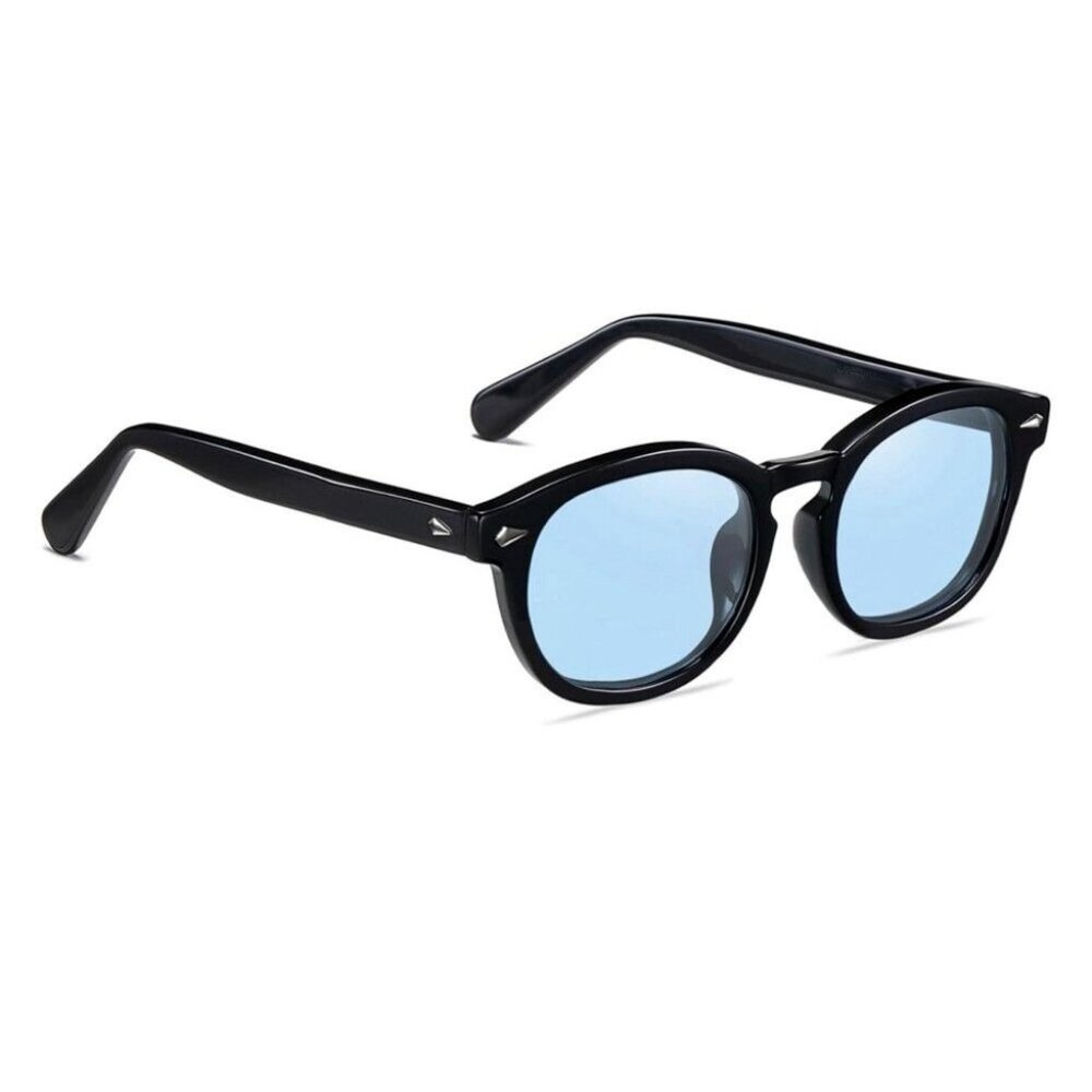 Circle Men Women Trendy Blue Lens Black Frame Beach Shades Round Sunglasses